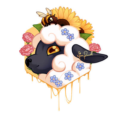 Sheep with flowers and a bee on it's head